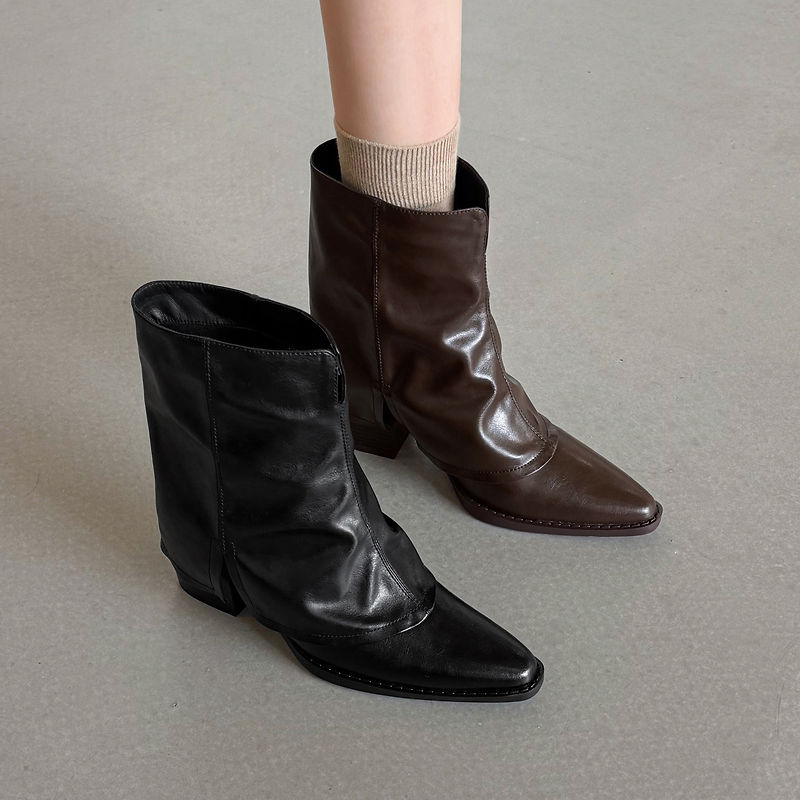 Women‘s Retro Cowhide Ankle Boots Vintage Square Toe Slouchy Slip-on Block High Heel Booties