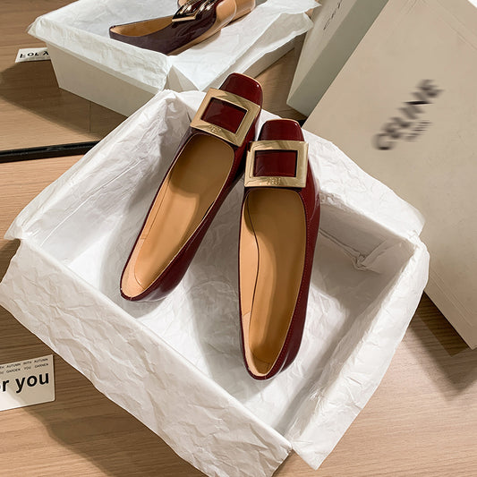 Women's Patent Leather Ballet Shoes Square Metal Buckle Decoration