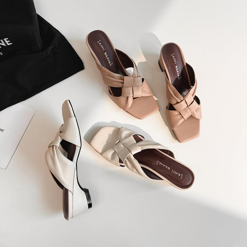 Women's Lambskin Woven Mules Handcrafted Summer Slip-Ons - Block Heel