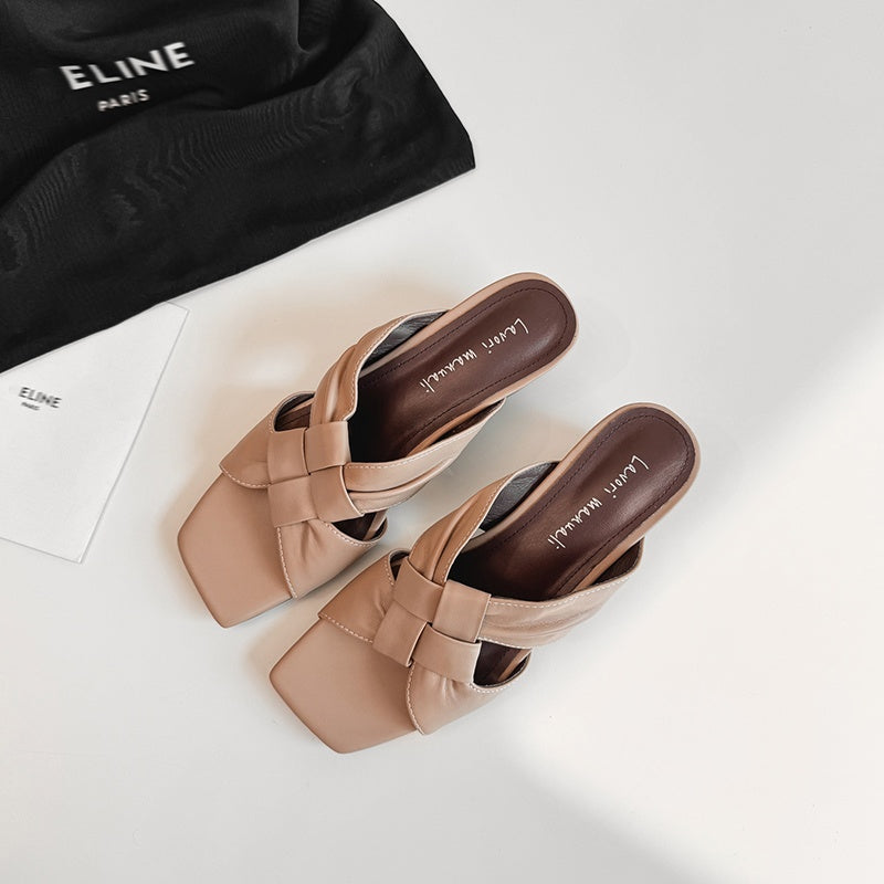 Women's Lambskin Woven Mules Handcrafted Summer Slip-Ons - Block Heel