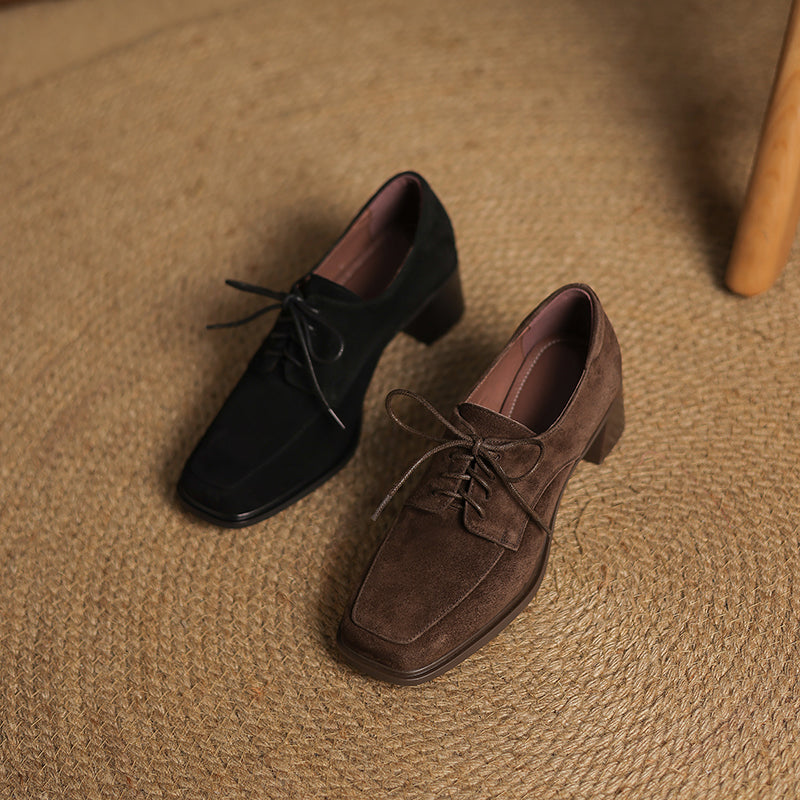 Women‘s Retro Suede Oxfords Vintage Square Toe Lace-up Block Heel Pumps