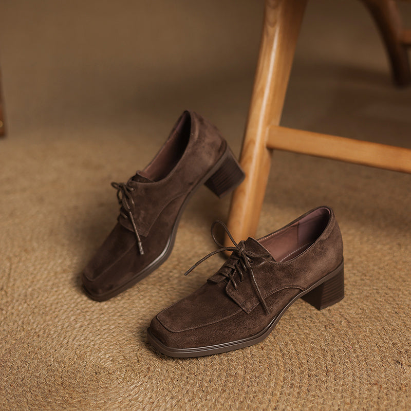 Women‘s Retro Suede Oxfords Vintage Square Toe Lace-up Block Heel Pumps
