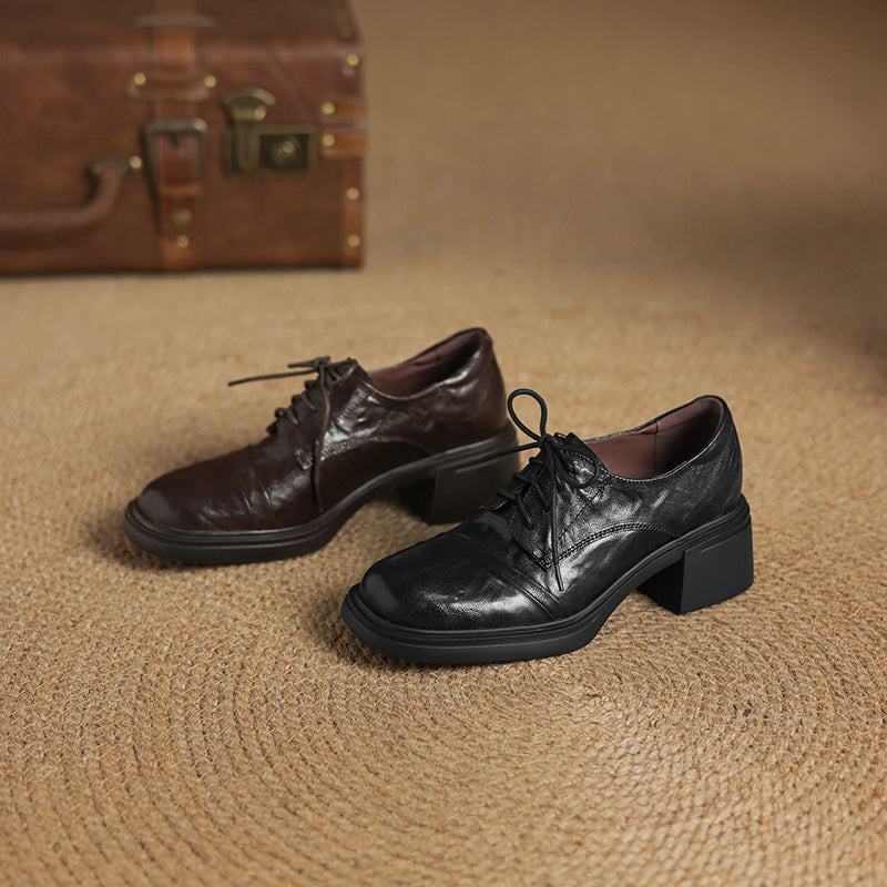 Women's Retro Sheepskin Oxfords Vintage Square Toe Lace-up Block Heel Pumps