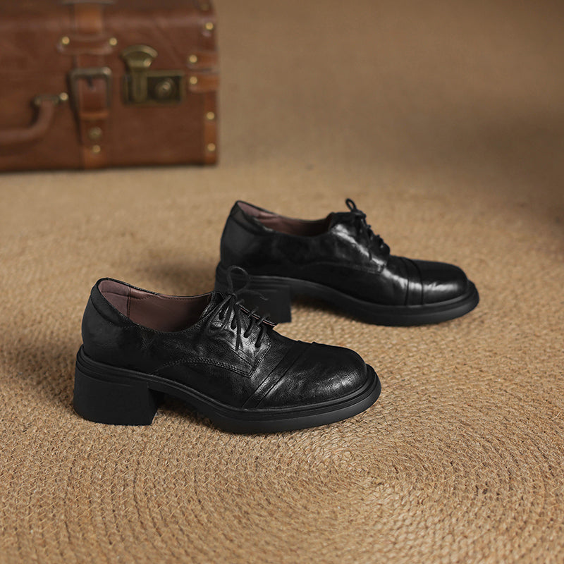 Women's Retro Sheepskin Oxfords Vintage Square Toe Lace-up Block Heel Pumps