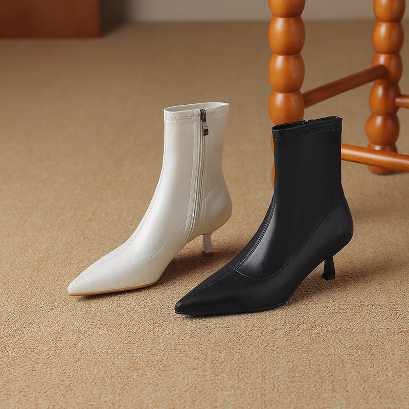 Women's Pointed Toe Stretch Leather Ankle Boots Mid Kitten Heel Sock Boots