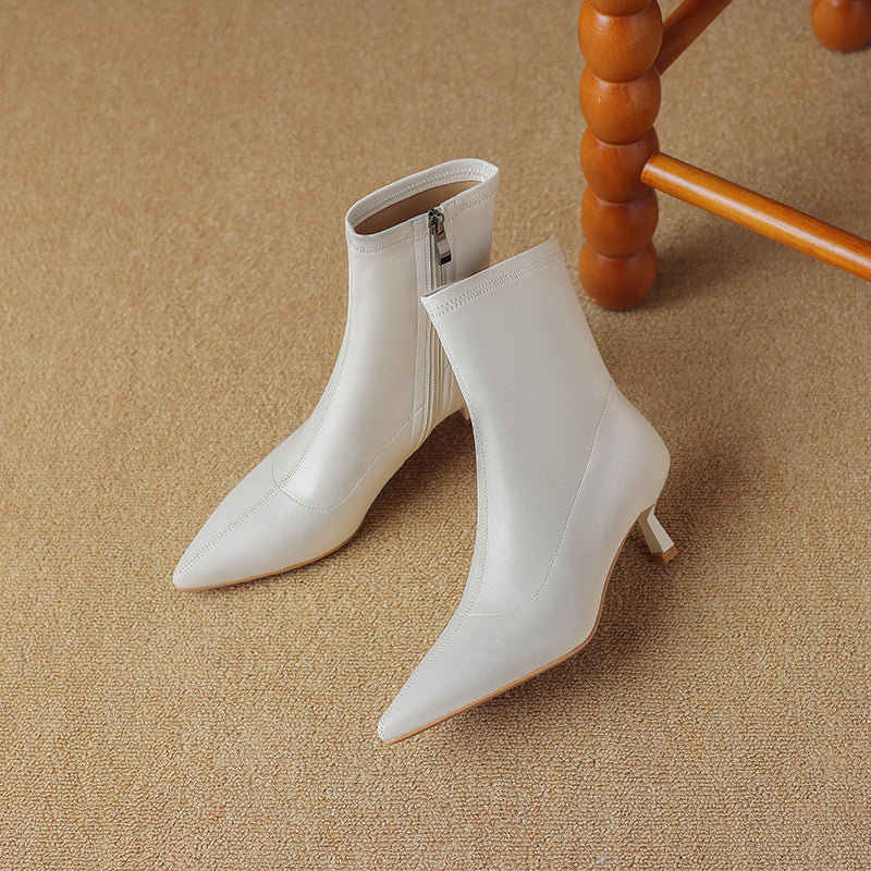 Women's Pointed Toe Stretch Leather Ankle Boots Mid Kitten Heel Sock Boots