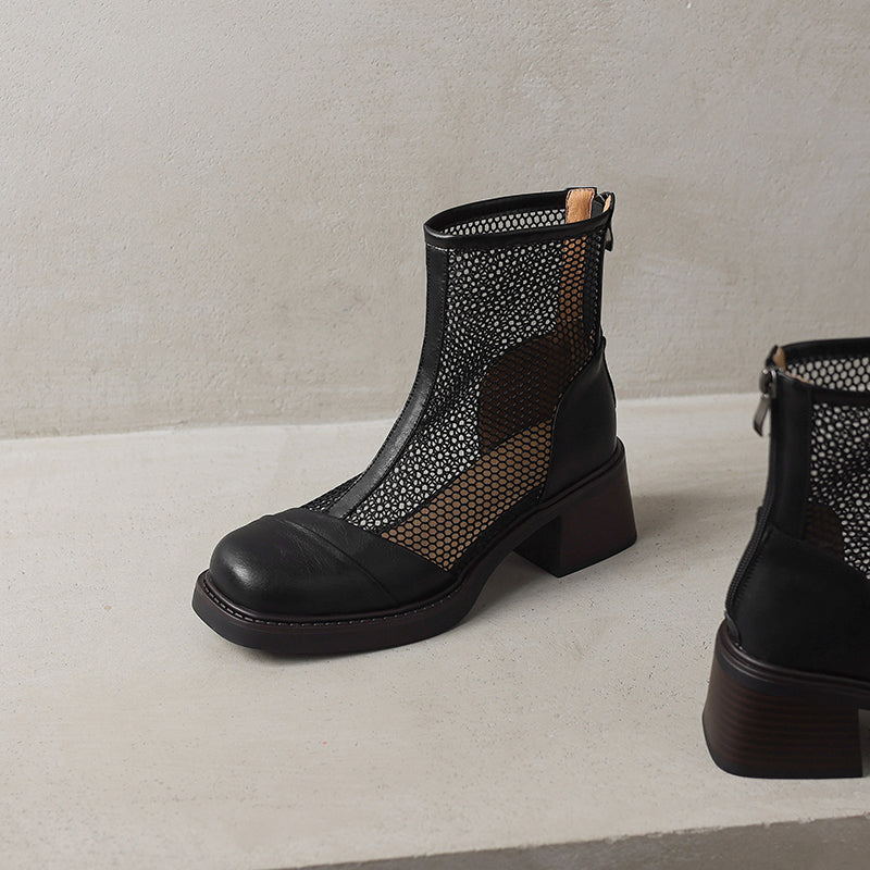 Women's Summer Square Toe Leather Platform Chunky Heeled Mesh Boots