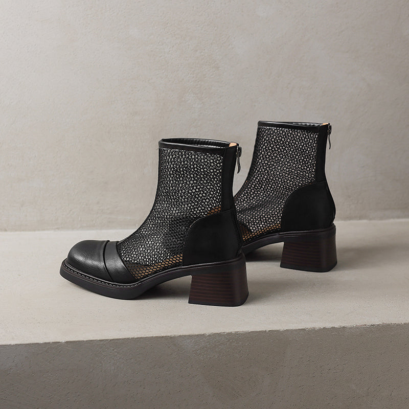Women's Summer Square Toe Leather Platform Chunky Heeled Mesh Boots