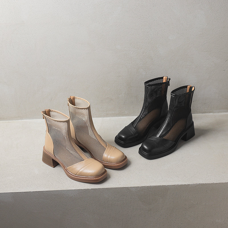 Women's Summer Square Toe Leather Platform Chunky Heeled Mesh Boots