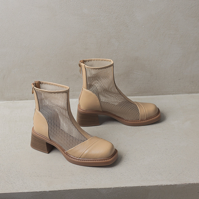 Women's Summer Square Toe Leather Platform Chunky Heeled Mesh Boots