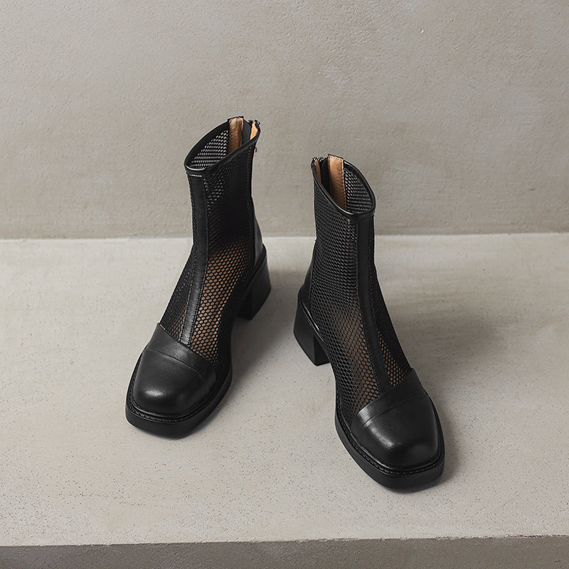 Women's Summer Square Toe Leather Platform Chunky Heeled Mesh Boots