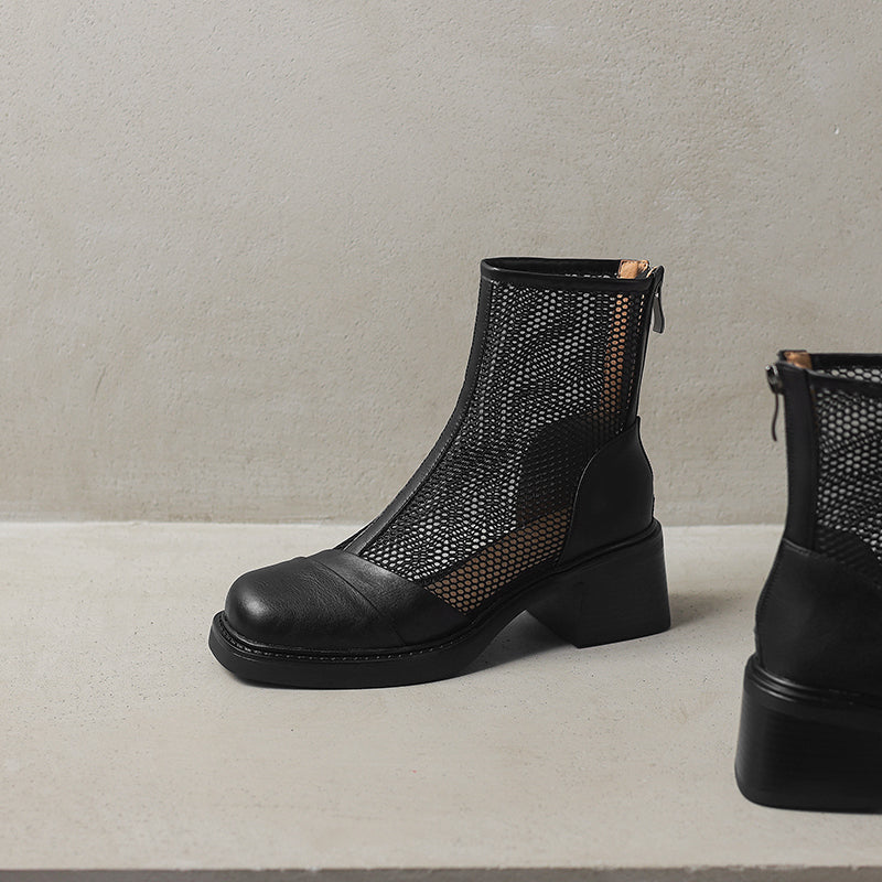 Women's Summer Square Toe Leather Platform Chunky Heeled Mesh Boots