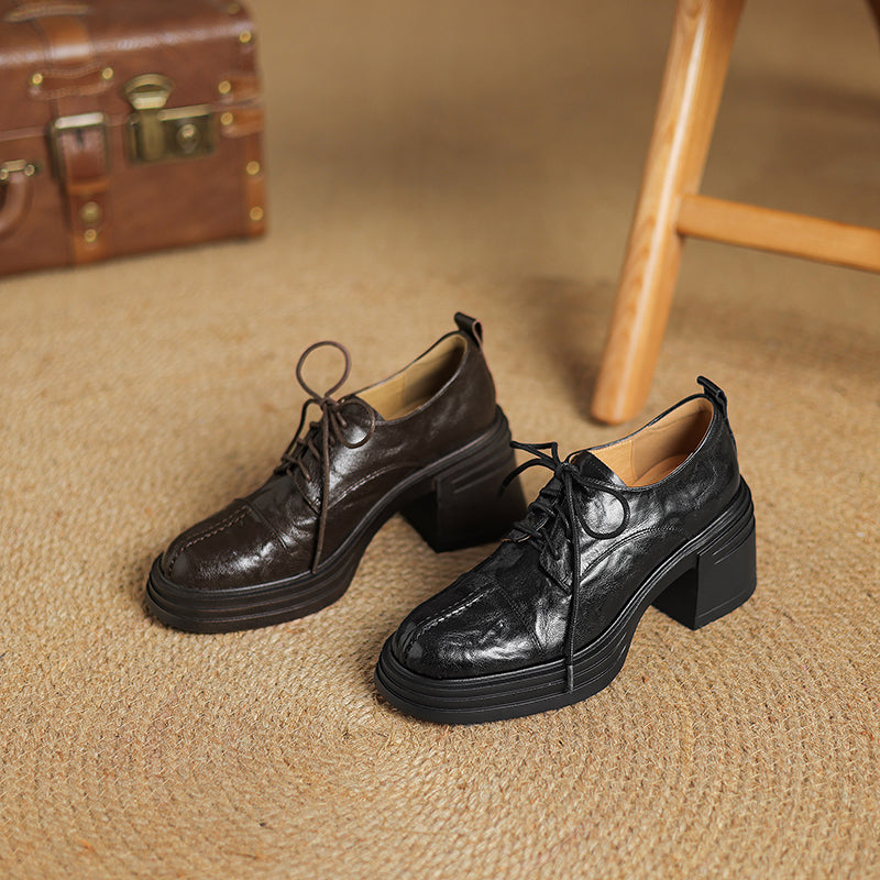Women's Retro Leather Oxford Shoes Vintage Round Toe Platform Chunky High Heels