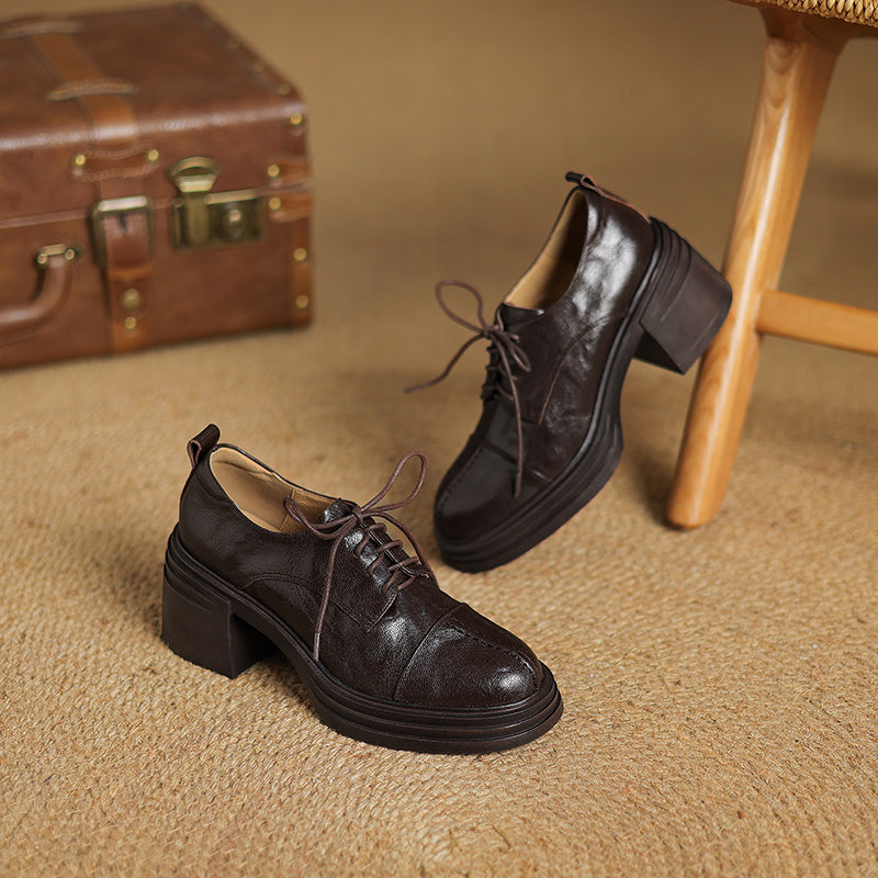 Women's Retro Leather Oxford Shoes Vintage Round Toe Platform Chunky High Heels