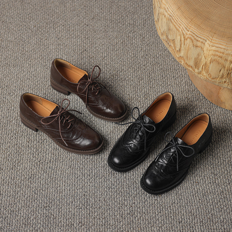 Women's Retro Leather Brogue Shoes Vintage Round Toe Lace-up Oxford Flats