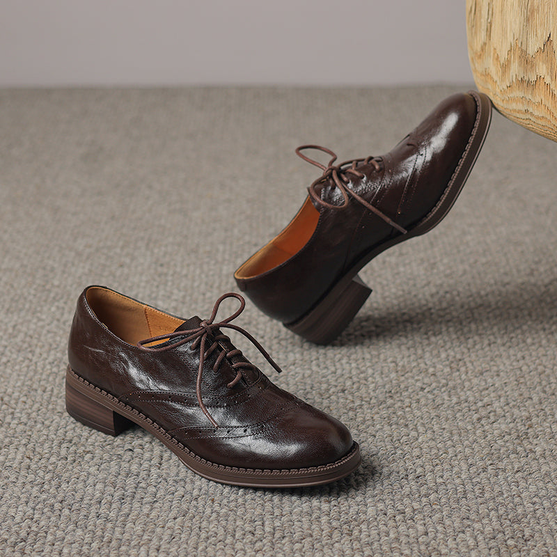 Women's Retro Leather Brogue Shoes Vintage Round Toe Lace-up Oxford Flats