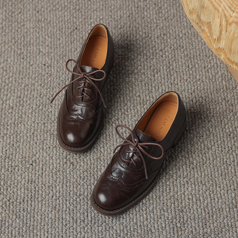 Women's Retro Leather Brogue Shoes Vintage Round Toe Lace-up Oxford Flats
