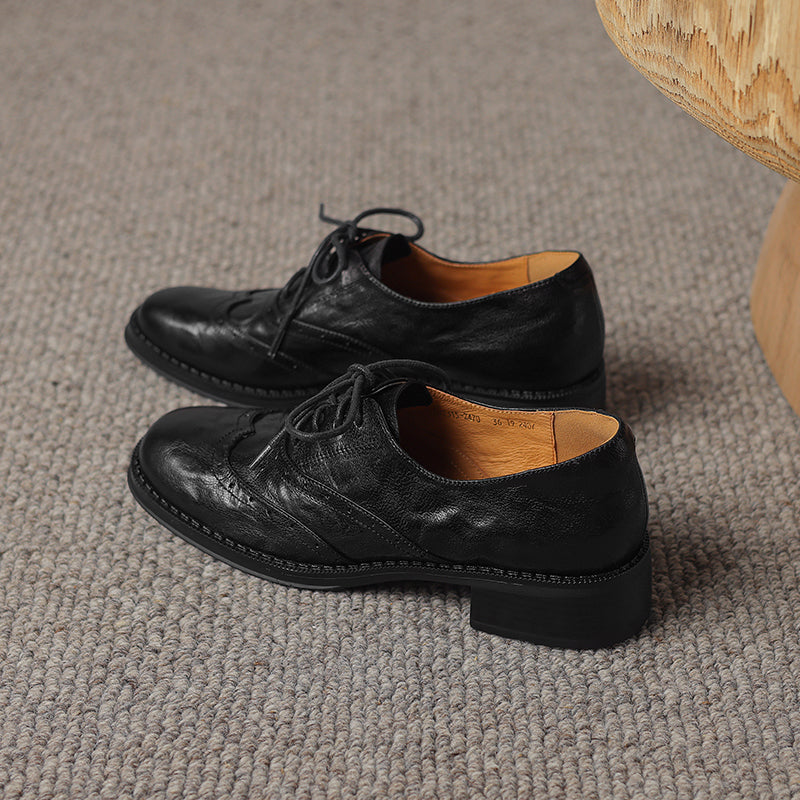 Women's Retro Leather Brogue Shoes Vintage Round Toe Lace-up Oxford Flats