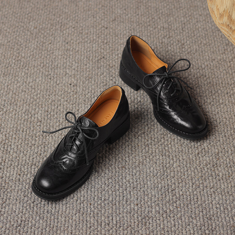 Women's Retro Leather Brogue Shoes Vintage Round Toe Lace-up Oxford Flats