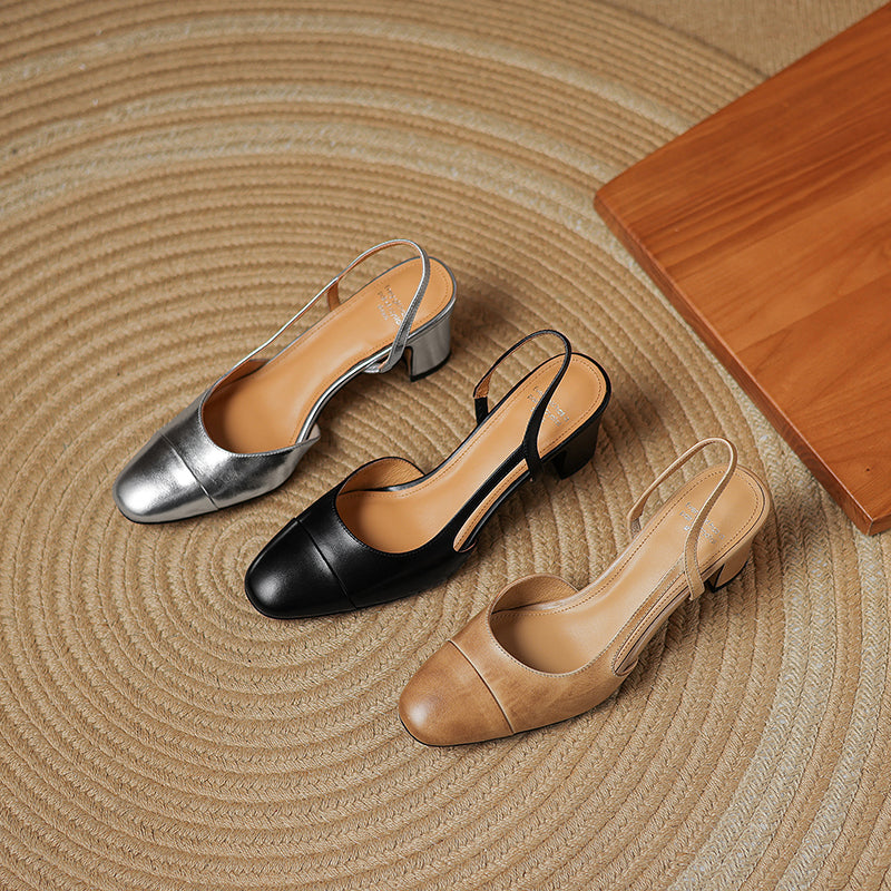 Women's Minimalist Genuine Leather Block Heels - Sophisticated Side-Cutout Slingbacks