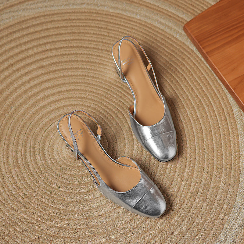 Women's Minimalist Genuine Leather Block Heels - Sophisticated Side-Cutout Slingbacks