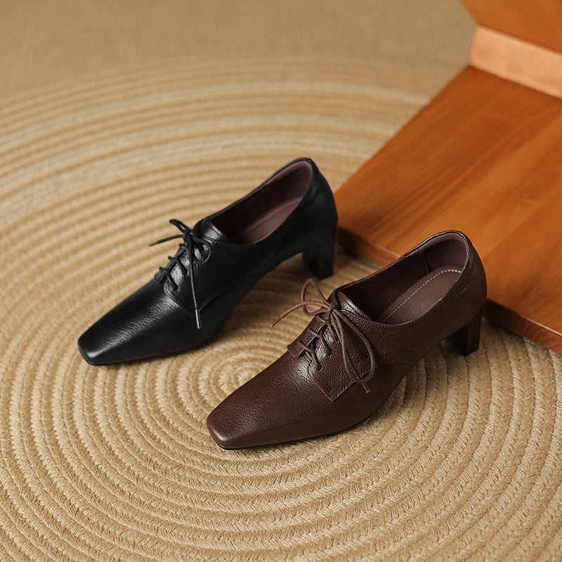 Women's Retro Sheepskin Oxfords Vintage Square Toe Lace-up Block High Heel Pumps