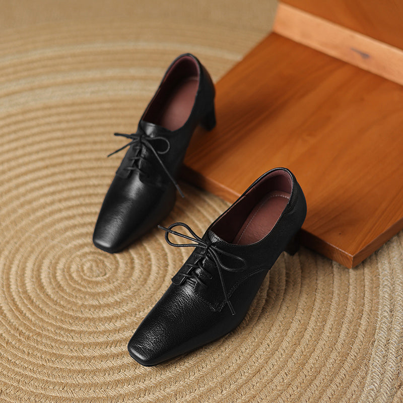 Women's Retro Sheepskin Oxfords Vintage Square Toe Lace-up Block High Heel Pumps