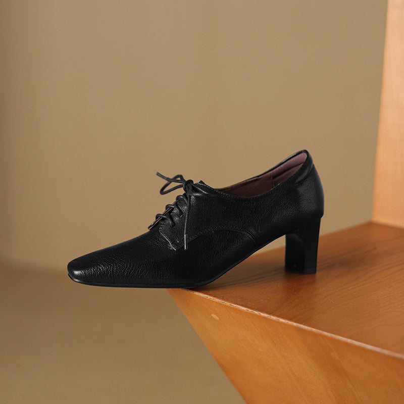 Women's Retro Sheepskin Oxfords Vintage Square Toe Lace-up Block High Heel Pumps