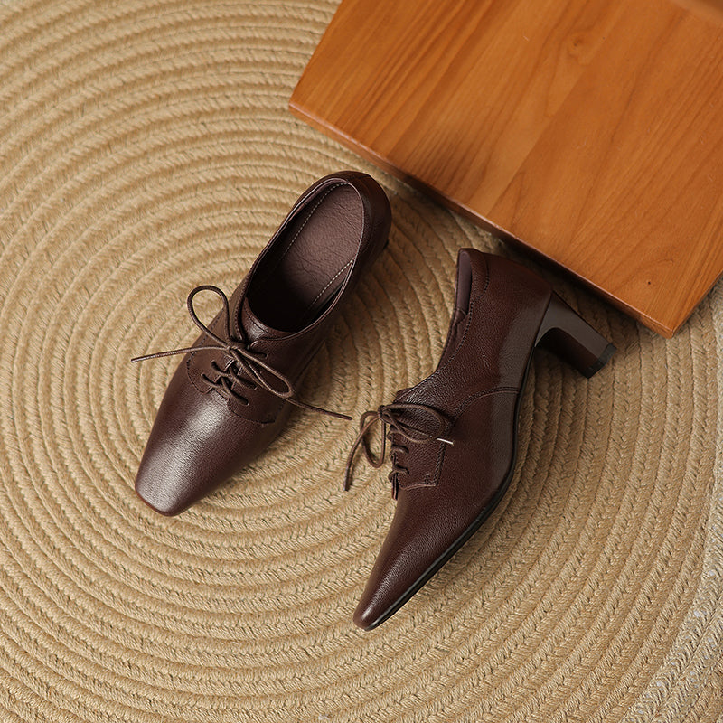 Women's Retro Sheepskin Oxfords Vintage Square Toe Lace-up Block High Heel Pumps