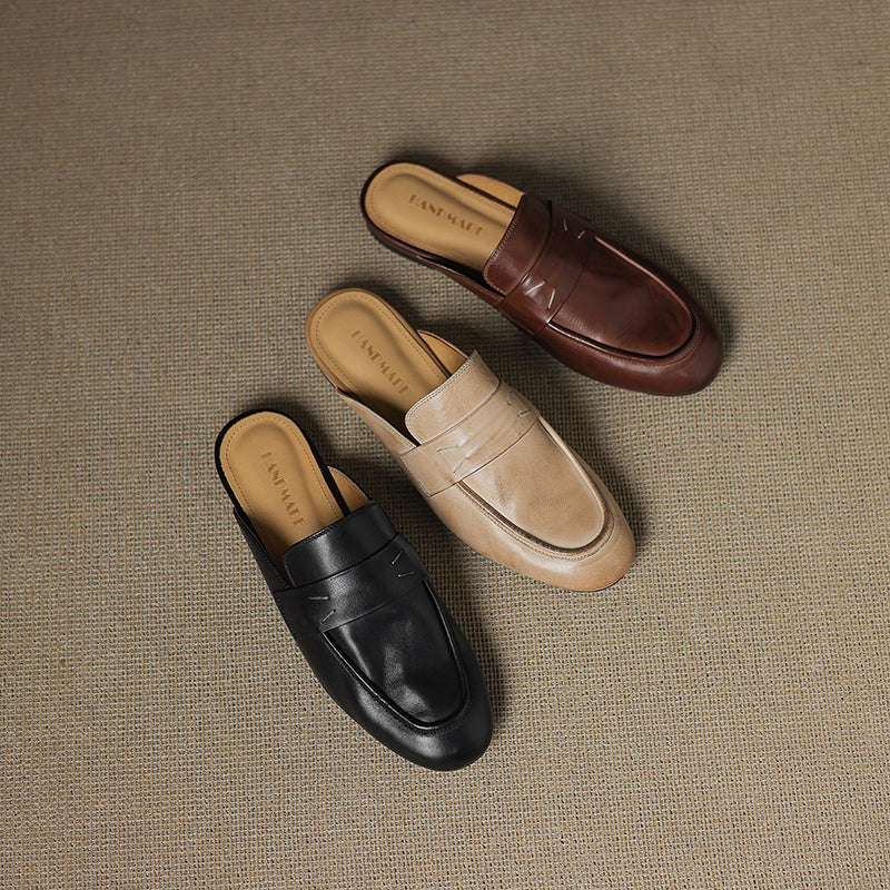 Women's Leather Loafer Mules Handcrafted Summer Classic Round Toe Comfort Flats