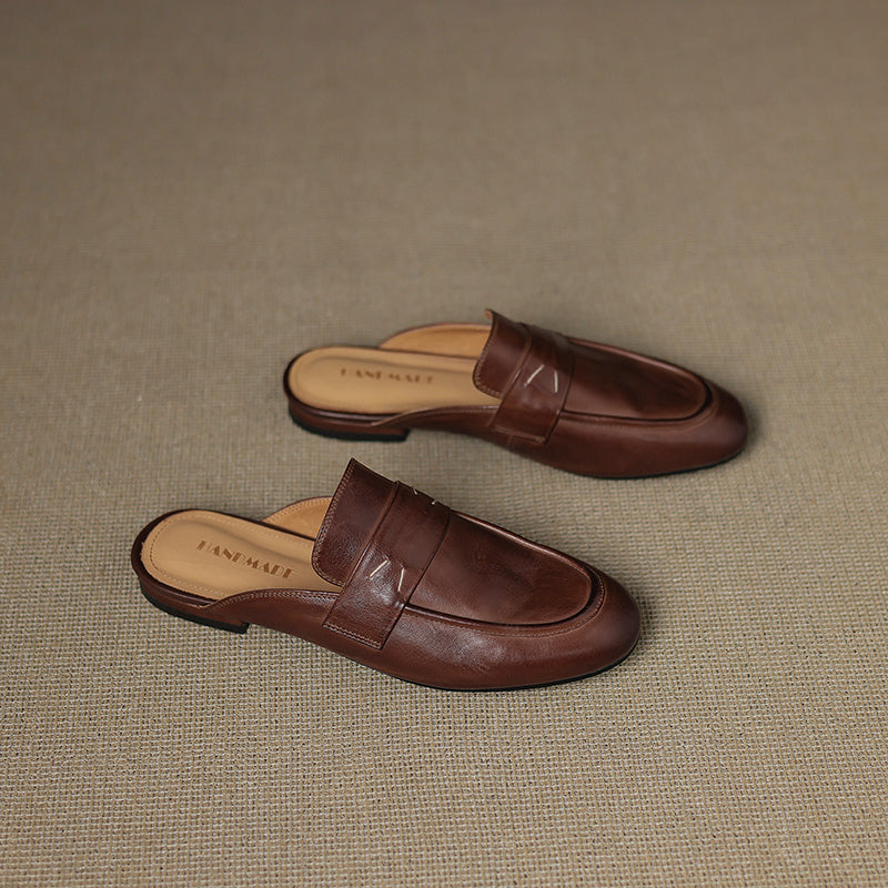 Women's Leather Loafer Mules Handcrafted Summer Classic Round Toe Comfort Flats