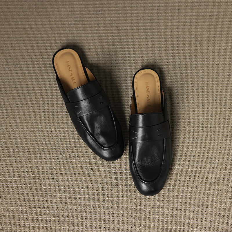 Women's Leather Loafer Mules Handcrafted Summer Classic Round Toe Comfort Flats