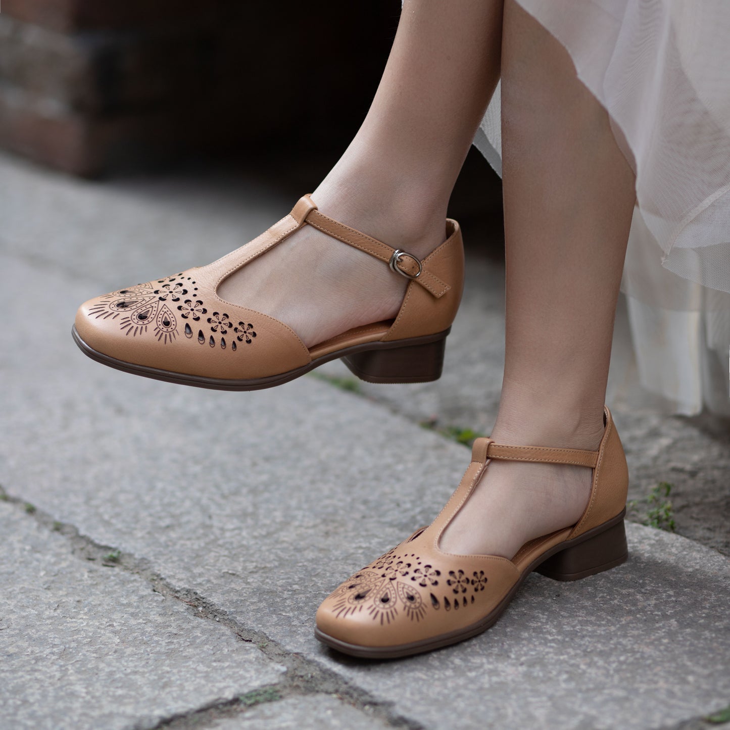 Women's Summer T-Strap Mary Janes - Floral Laser-Cut Cowhide Flats - Block Heel