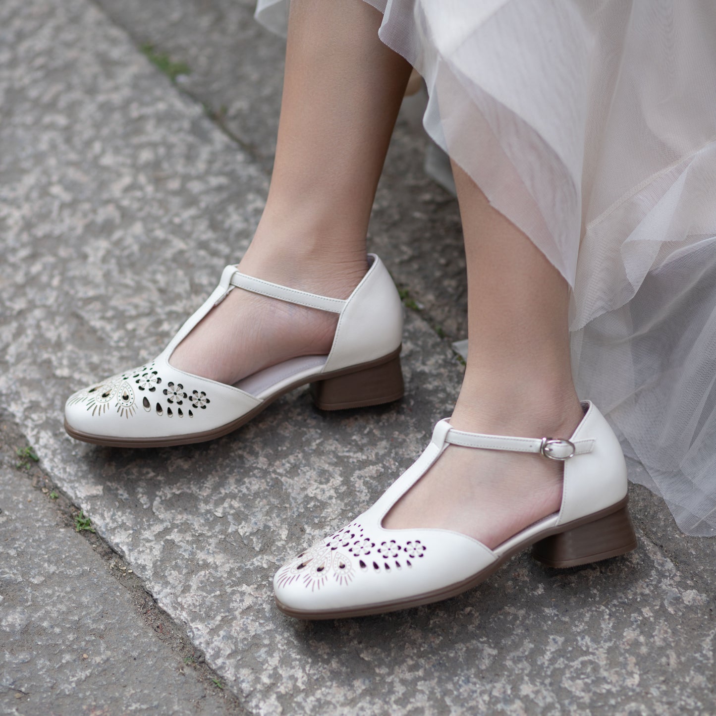 Women's Summer T-Strap Mary Janes - Floral Laser-Cut Cowhide Flats - Block Heel
