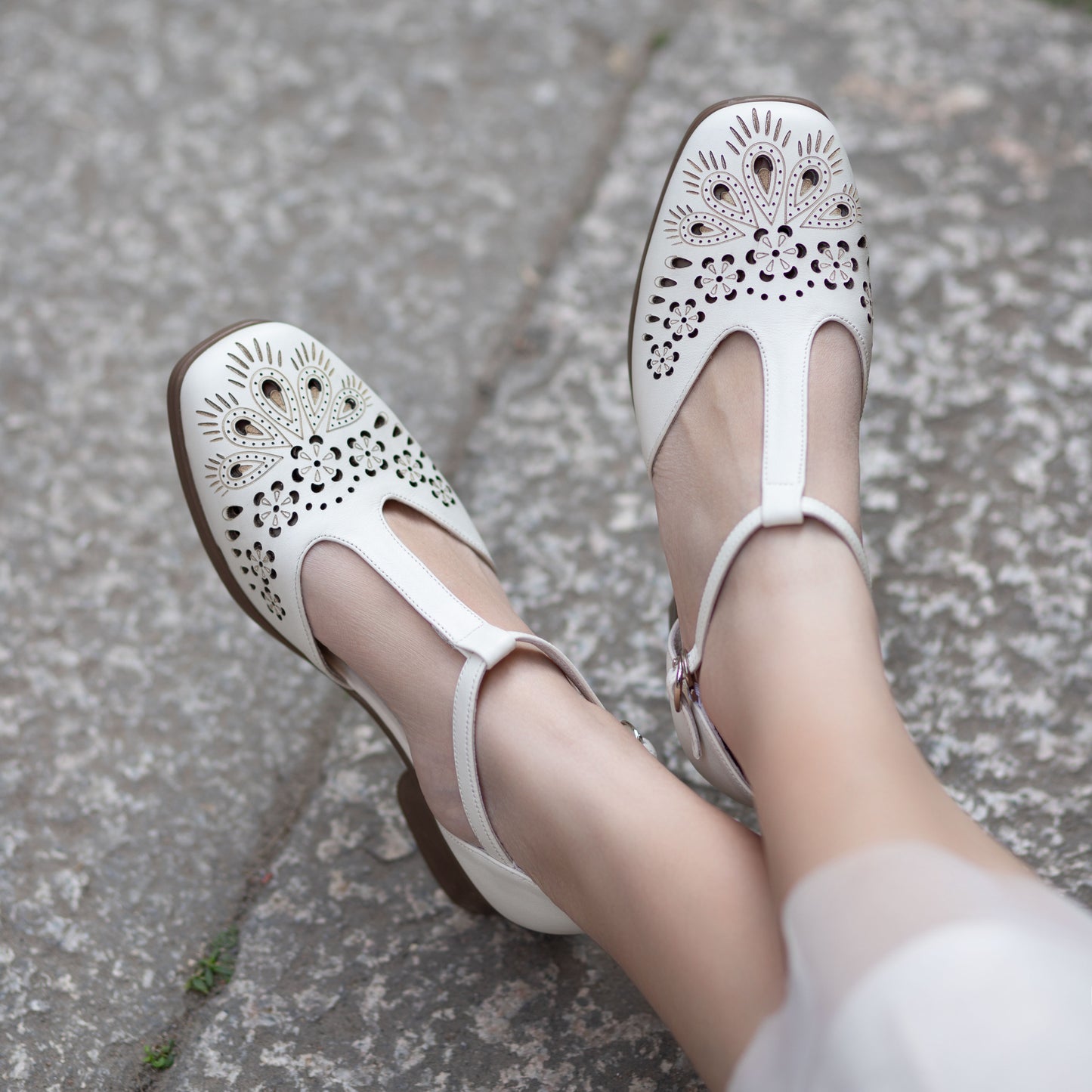 Women's Summer T-Strap Mary Janes - Floral Laser-Cut Cowhide Flats - Block Heel