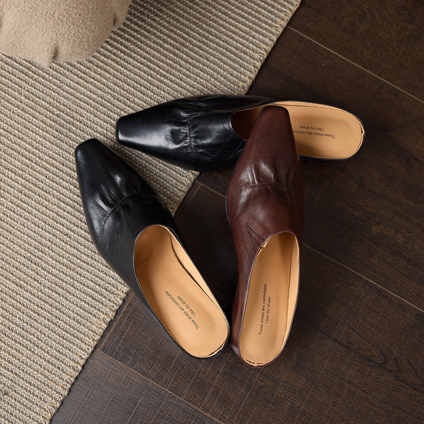 Women's Leather Ruched Square Toe Mules Minimalist Wedge Sandals