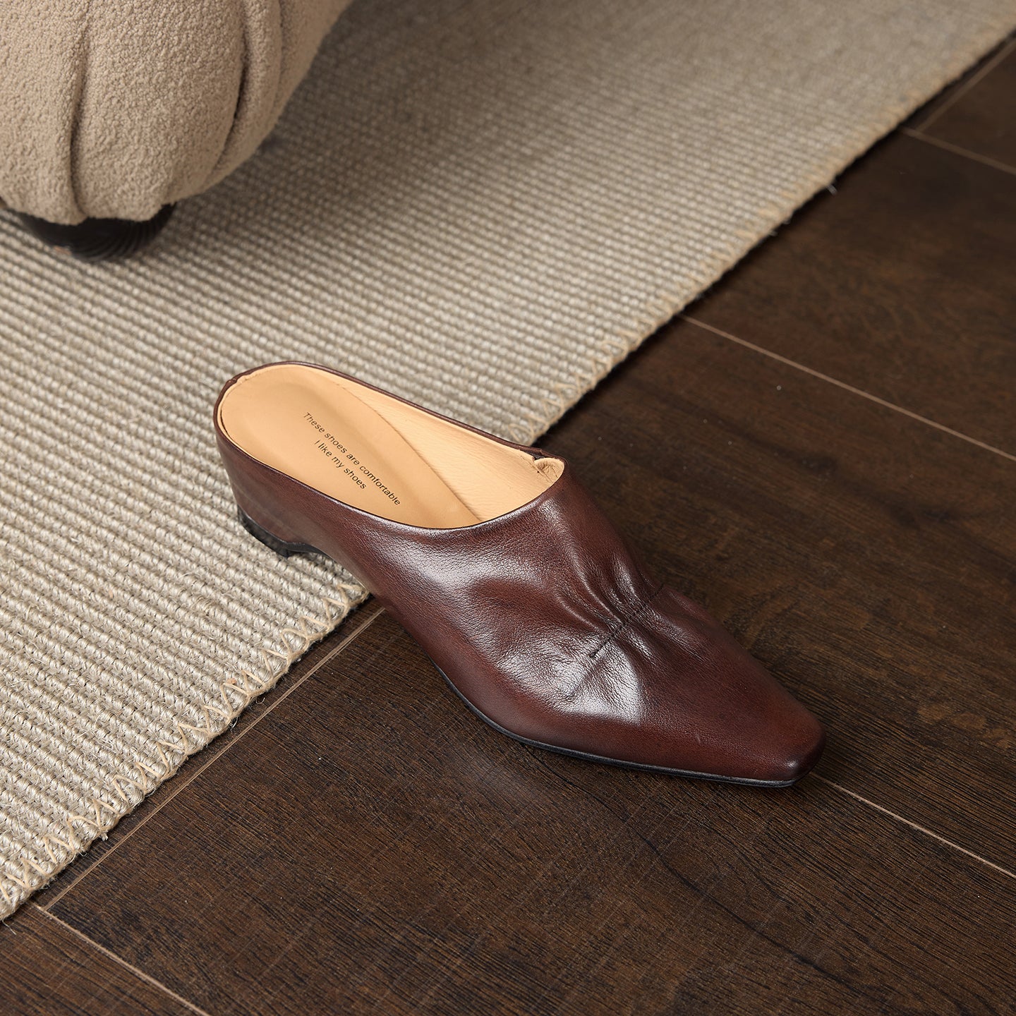 Women's Leather Ruched Square Toe Mules Minimalist Wedge Sandals