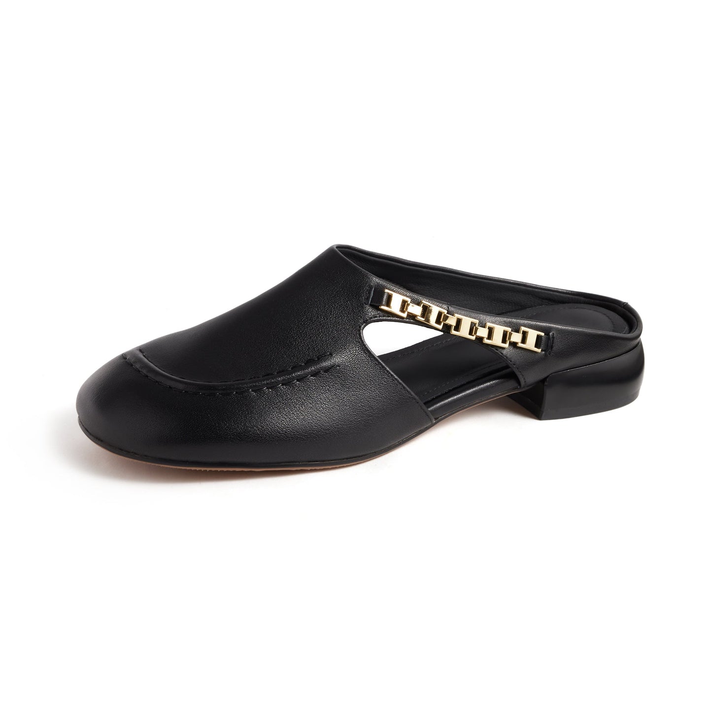 Women's Minimalist Leather Mules Elegant Cut-out Slip-on Shoes with Metal Accent - Round Toe