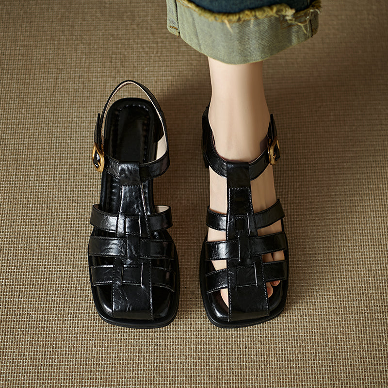 Women's Handmade Leather Thickened Insole Block Heel Fisherman Sandals