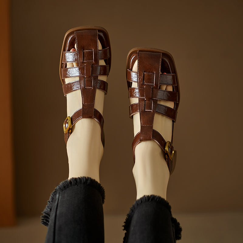 Women's Handmade Leather Thickened Insole Block Heel Fisherman Sandals