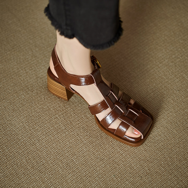 Women's Handmade Leather Thickened Insole Block Heel Fisherman Sandals
