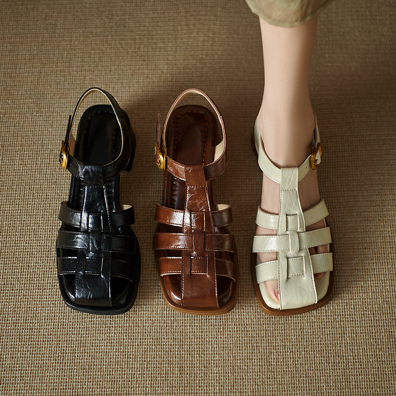Women's Handmade Leather Thickened Insole Block Heel Fisherman Sandals