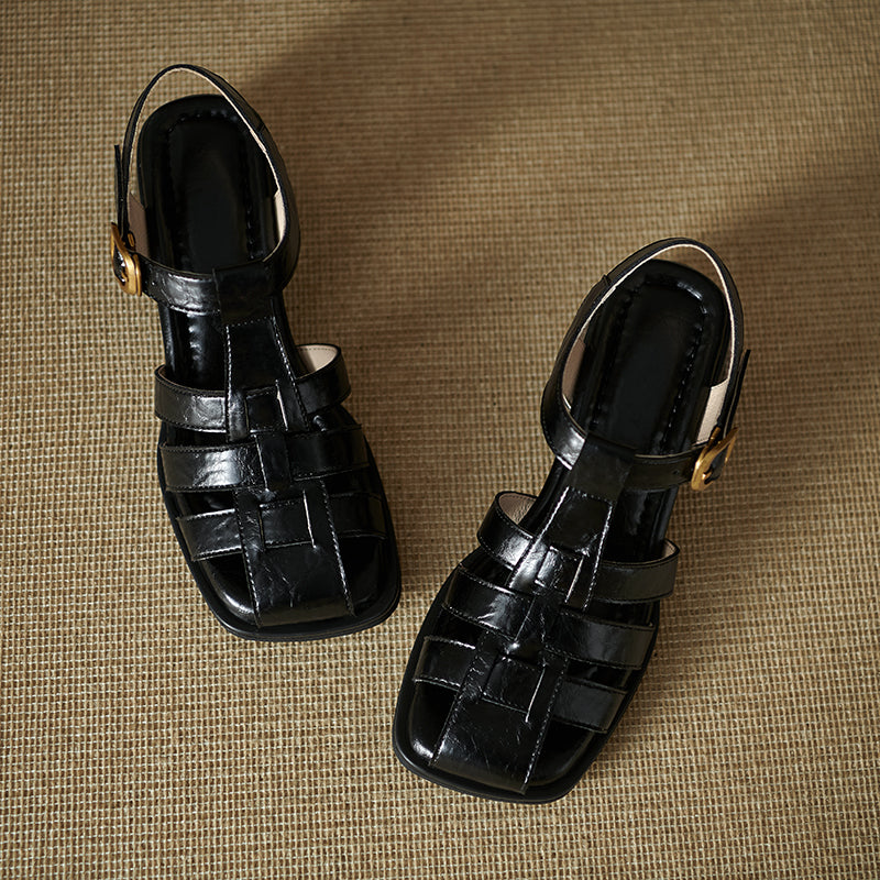 Women's Handmade Leather Thickened Insole Block Heel Fisherman Sandals