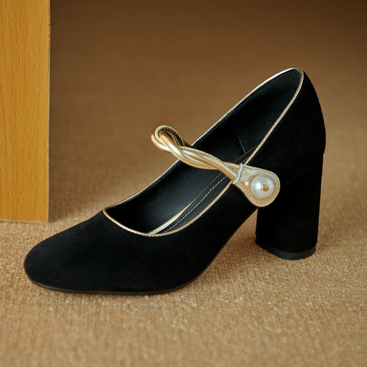Women's French Gold Trim Suede Block Heel High Pearl Mary Jane Pump