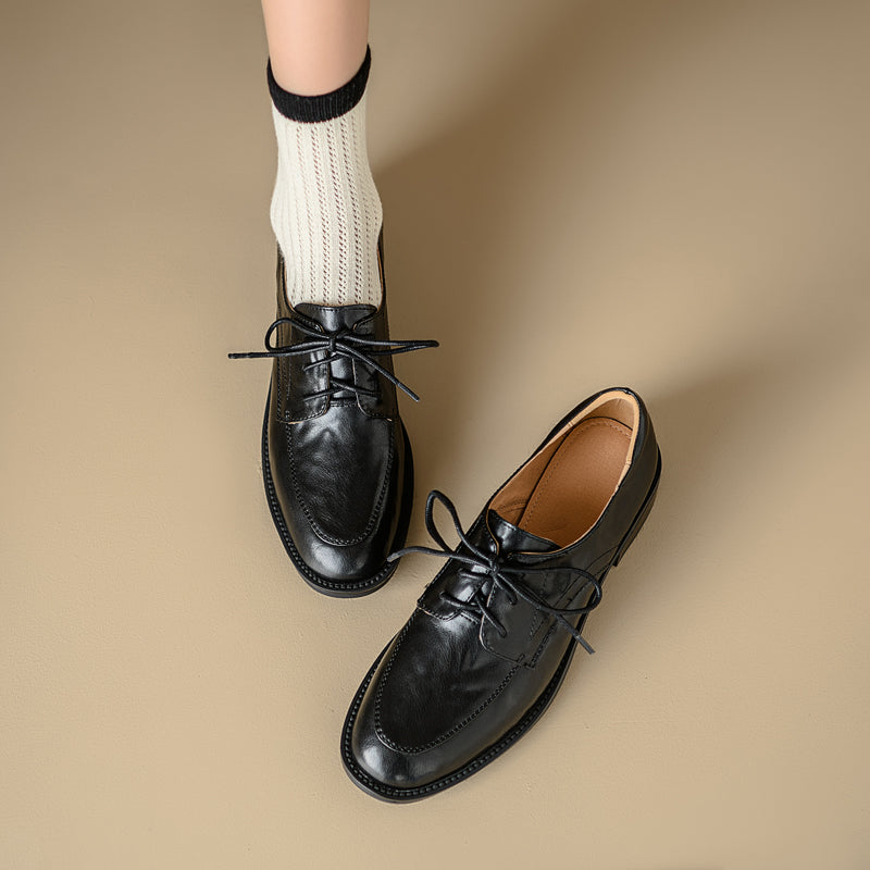 Women's Genuine Leather Casual Shoes Spring Fall Round Toe Lace-up Chunky Mid Heel Oxfords