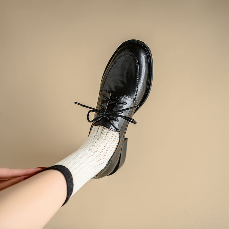 Women's Genuine Leather Casual Shoes Spring Fall Round Toe Lace-up Chunky Mid Heel Oxfords
