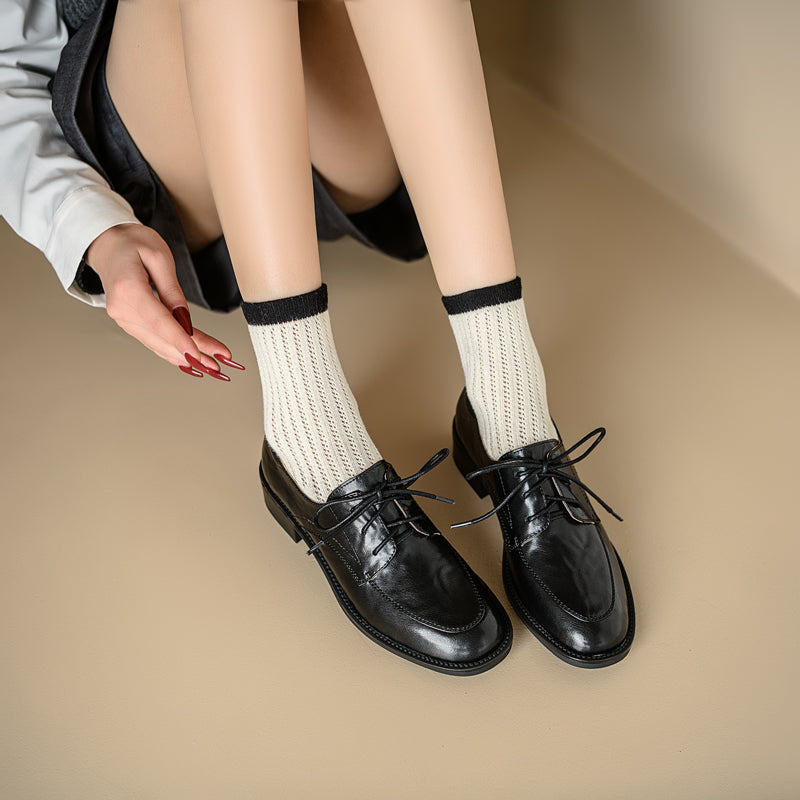 Women's Genuine Leather Casual Shoes Spring Fall Round Toe Lace-up Chunky Mid Heel Oxfords