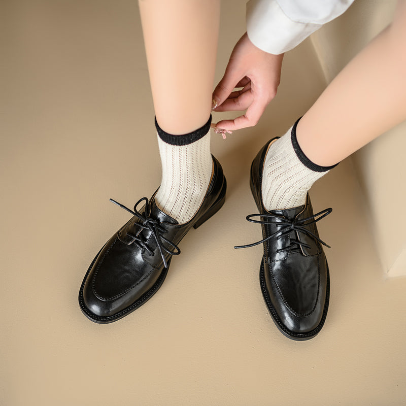 Women's Genuine Leather Casual Shoes Spring Fall Round Toe Lace-up Chunky Mid Heel Oxfords