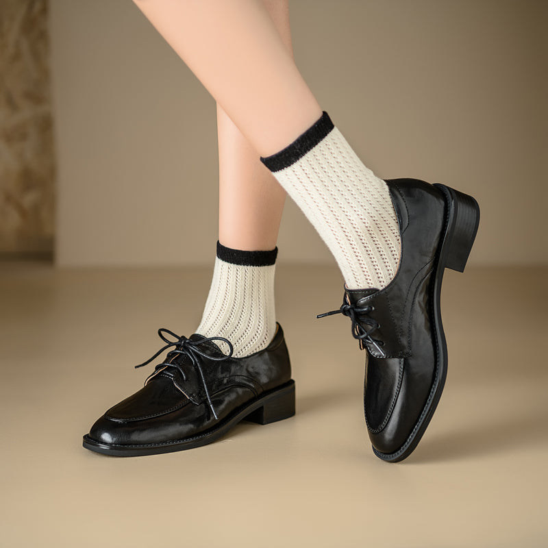 Women's Genuine Leather Casual Shoes Spring Fall Round Toe Lace-up Chunky Mid Heel Oxfords