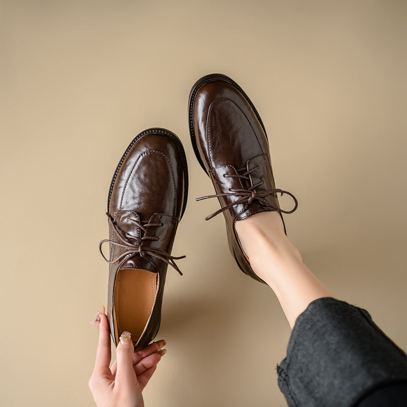 Women's Genuine Leather Casual Shoes Spring Fall Round Toe Lace-up Chunky Mid Heel Oxfords